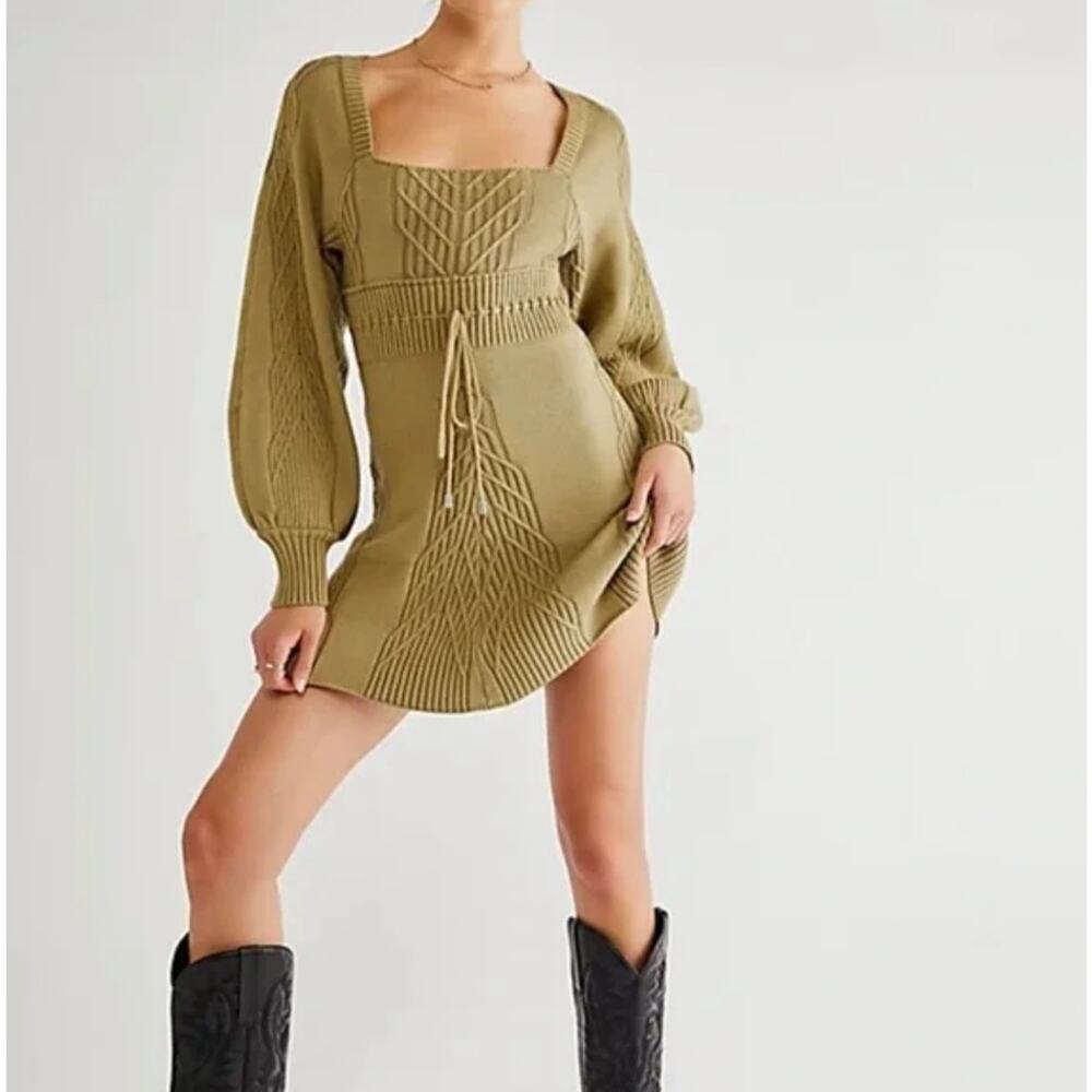 Free People Womens Sweater Olive Green Emmaline Balloon Sleeve Mini Dress Size M